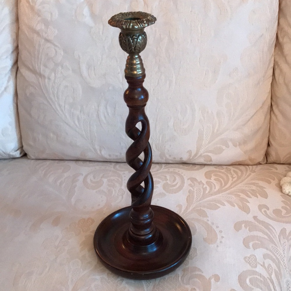 Vintage Walnut Wood & Brass Topped Twisted Tall Candlestick 15”